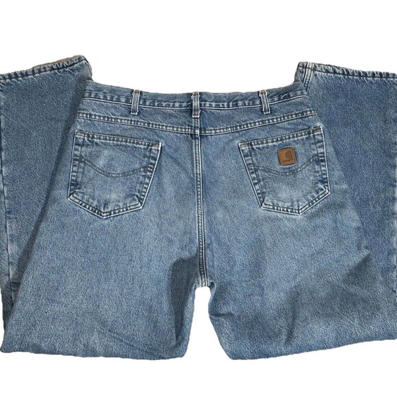 Carhartt Faded Blue Distressed Fleece Lined Jeans Mens Sz 38 Denim Workwear Rip - Picture 2 of 10